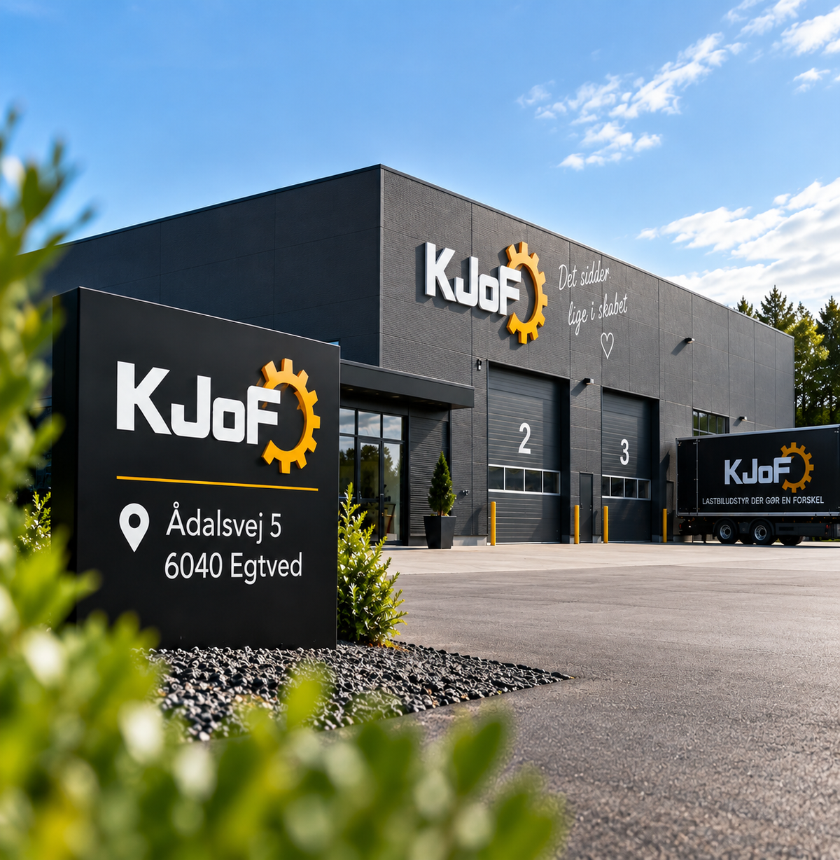 Viser en billede af en bygning med KJoF logo på