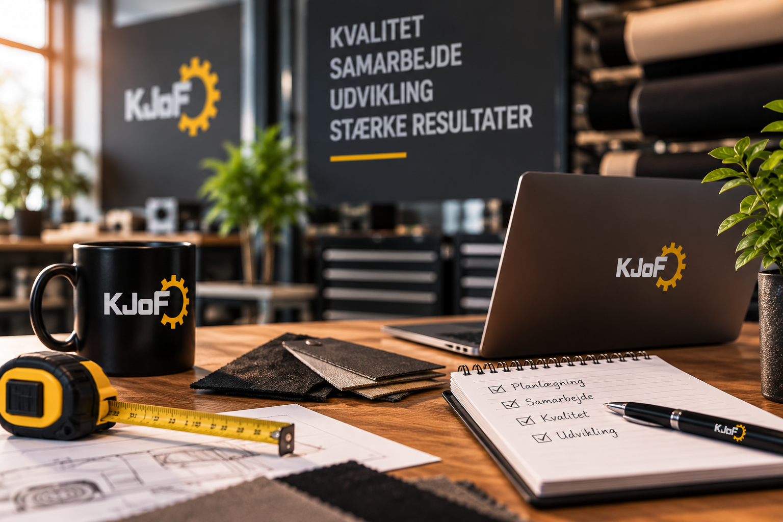 Billedet viser en masse KJoF logo i forskellige kontraster. Det vigtigste er baggrunden som viser Kvalitet, samarbejde, udvikling, og stærke resultater.