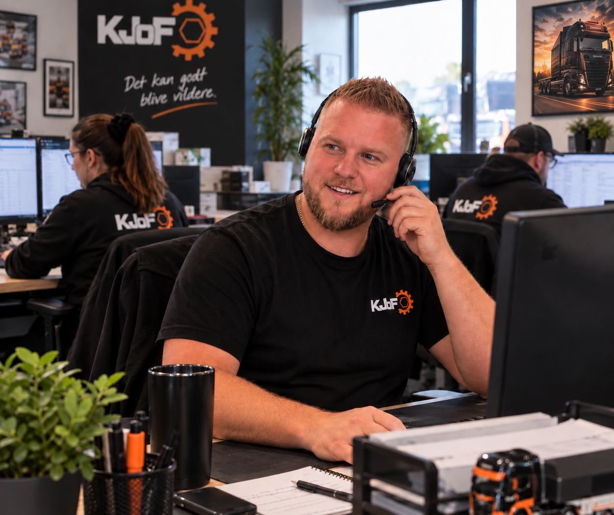 Smilende kundeservice medarbejder med headset hos KJoF truckshop sidder klar til at hjælpe kunderne.